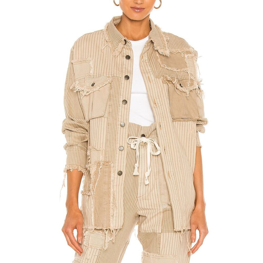 Ser.O.Ya Kara Beige Stripe Patchwork Oversized Shirt Size Xs